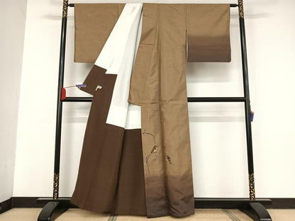 平和屋着物●紬　訪問着　柿渋染　雀　正絹　逸品　AAAV9026np