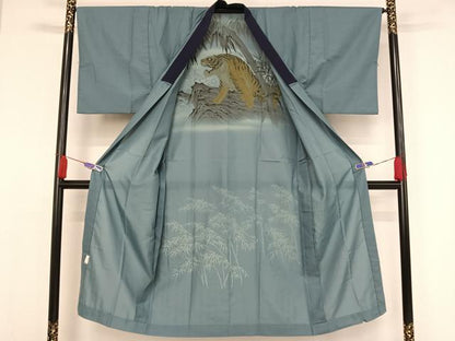 平和屋着物▽男性 紬 アンサンブル 長襦袢(単衣)セット 単衣 草色 正絹 逸品 AAAV9073np