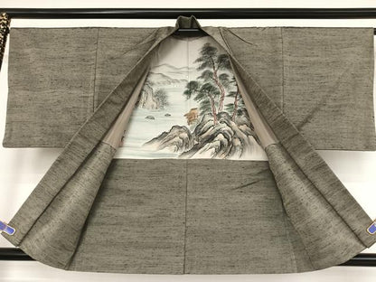 平和屋着物●男性　美山紬　アンサンブル　鼠色　証紙付き　正絹　逸品　AAAV9074np