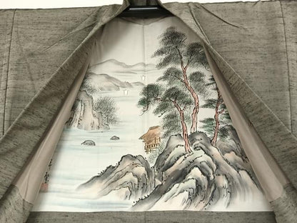 平和屋着物●男性　美山紬　アンサンブル　鼠色　証紙付き　正絹　逸品　AAAV9074np