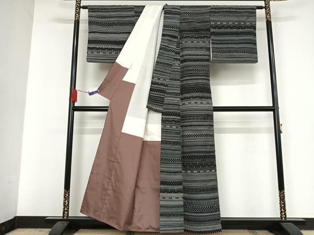 平和屋着物●上質な紬 横段文 正絹 逸品 AAAV9100np