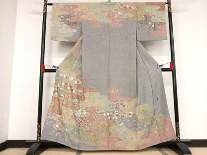 平和屋着物●京友禅の第一人者　松井青々　訪問着　駒刺繍　霞草花文　金糸　金彩　反端付き　正絹　逸品　AAAV9103np