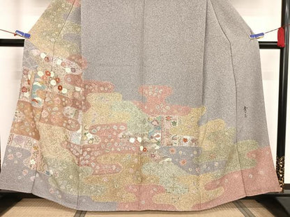 平和屋着物●京友禅の第一人者　松井青々　訪問着　駒刺繍　霞草花文　金糸　金彩　反端付き　正絹　逸品　AAAV9103np