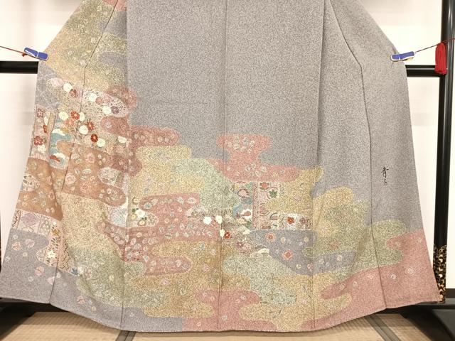 平和屋着物●京友禅の第一人者　松井青々　訪問着　駒刺繍　霞草花文　金糸　金彩　反端付き　正絹　逸品　AAAV9103np