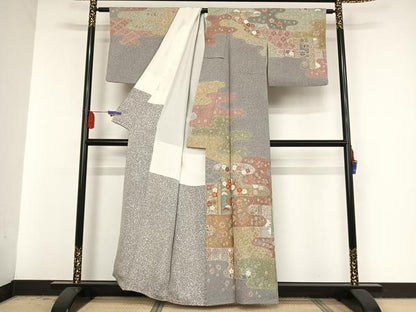 平和屋着物●京友禅の第一人者　松井青々　訪問着　駒刺繍　霞草花文　金糸　金彩　反端付き　正絹　逸品　AAAV9103np