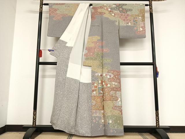 平和屋着物●京友禅の第一人者　松井青々　訪問着　駒刺繍　霞草花文　金糸　金彩　反端付き　正絹　逸品　AAAV9103np
