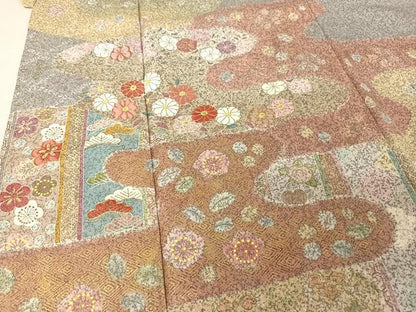 平和屋着物●京友禅の第一人者　松井青々　訪問着　駒刺繍　霞草花文　金糸　金彩　反端付き　正絹　逸品　AAAV9103np