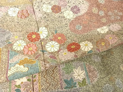 平和屋着物●京友禅の第一人者　松井青々　訪問着　駒刺繍　霞草花文　金糸　金彩　反端付き　正絹　逸品　AAAV9103np
