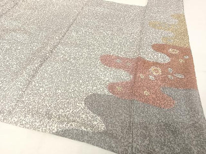 平和屋着物●京友禅の第一人者　松井青々　訪問着　駒刺繍　霞草花文　金糸　金彩　反端付き　正絹　逸品　AAAV9103np
