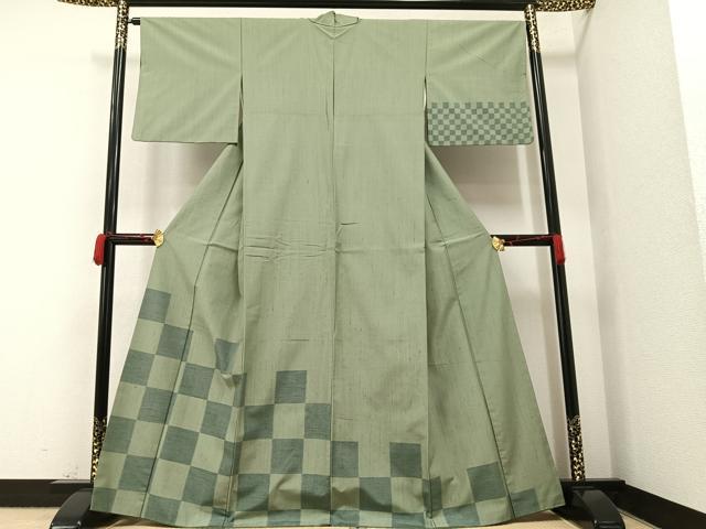 平和屋着物●訪問着 紬地 市松文様 正絹 逸品 AAAV9409ph