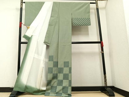 平和屋着物●訪問着 紬地 市松文様 正絹 逸品 AAAV9409ph