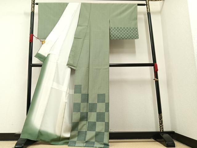 平和屋着物●訪問着 紬地 市松文様 正絹 逸品 AAAV9409ph