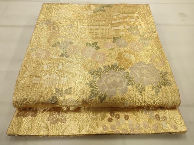 平和屋着物◎六通柄袋帯 風景花文 金糸 正絹 逸品 AAAV9642sw