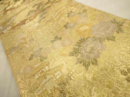 平和屋着物◎六通柄袋帯 風景花文 金糸 正絹 逸品 AAAV9642sw