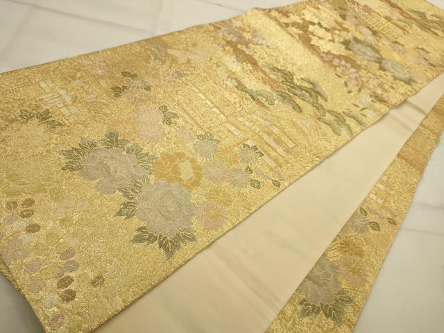 平和屋着物◎六通柄袋帯 風景花文 金糸 正絹 逸品 AAAV9642sw