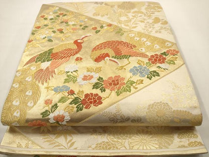 平和屋着物◎六通柄袋帯 唐織 孔雀花文 金糸 正絹 逸品 AAAV9726dt
