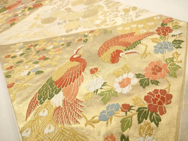 平和屋着物◎六通柄袋帯 唐織 孔雀花文 金糸 正絹 逸品 AAAV9726dt