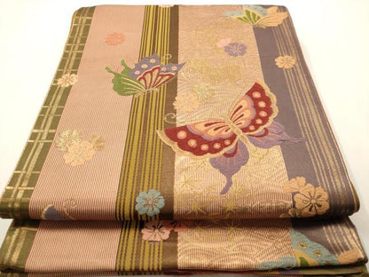平和屋着物◎六通柄袋帯 唐織 花蝶文 金糸 正絹 逸品 AAAV9734dt