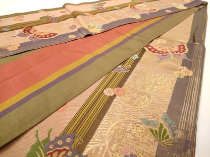 平和屋着物◎六通柄袋帯 唐織 花蝶文 金糸 正絹 逸品 AAAV9734dt