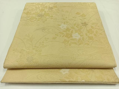 平和屋着物＊夏物　六通柄袋帯　流水草花文　金糸　正絹　逸品　AAAV9778jh