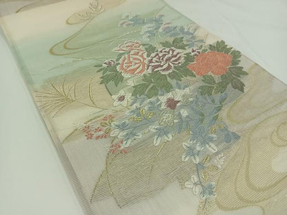 平和屋着物＊夏物　六通柄袋帯　唐織　流水花文　金糸　正絹　逸品　AAAV9786jh