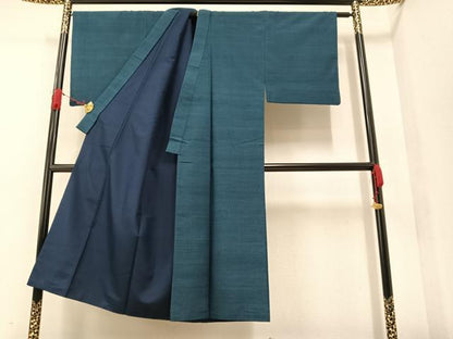 平和屋着物●男性 紬 色無地 青藍色 正絹 逸品 AAAW0007ph