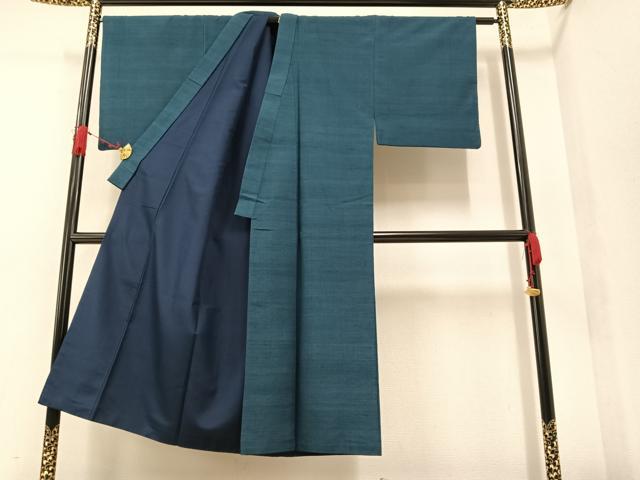 平和屋着物●男性 紬 色無地 青藍色 正絹 逸品 AAAW0007ph
