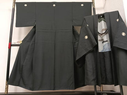 平和屋着物●男性 黒紋付 羽織セット 正絹 逸品 AAAW0020ph