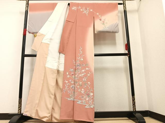 平和屋着物●訪問着 友禅 作家物 枝花文 暈し染め 正絹 逸品 AAAW0064ph