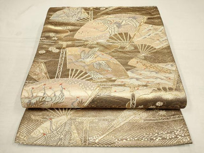 平和屋着物▼六通柄袋帯 扇面飛鶴文 金糸 正絹 逸品 AAAW0234wj