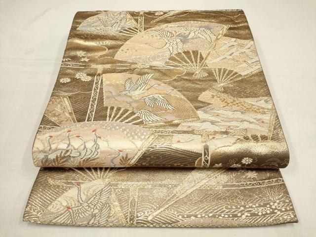 平和屋着物▼六通柄袋帯 扇面飛鶴文 金糸 正絹 逸品 AAAW0234wj