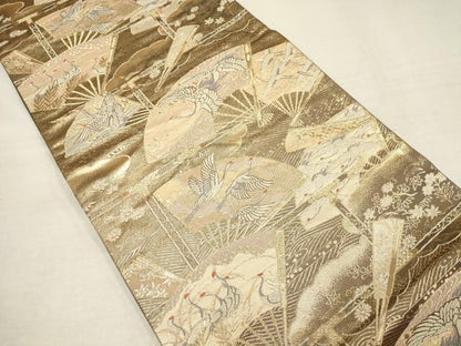 平和屋着物▼六通柄袋帯 扇面飛鶴文 金糸 正絹 逸品 AAAW0234wj