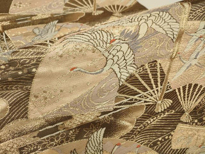 平和屋着物▼六通柄袋帯 扇面飛鶴文 金糸 正絹 逸品 AAAW0234wj