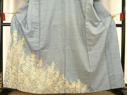 平和屋着物▽訪問着 単衣 紬地 草花文 正絹 逸品 未使用 AAAW1241fy