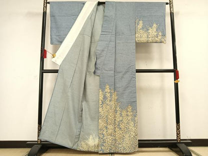 平和屋着物▽訪問着 単衣 紬地 草花文 正絹 逸品 未使用 AAAW1241fy