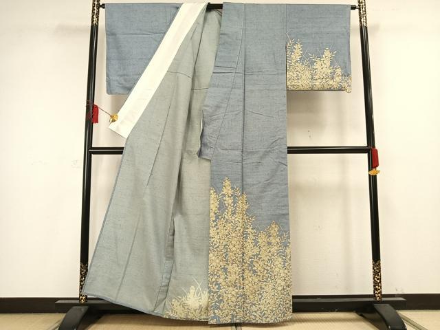 平和屋着物▽訪問着 単衣 紬地 草花文 正絹 逸品 未使用 AAAW1241fy