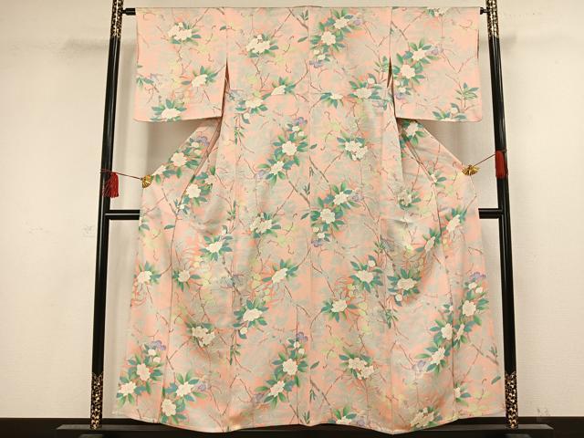 平和屋着物▽上質な小紋 単衣 枝花文 正絹 逸品 AAAW1244fy