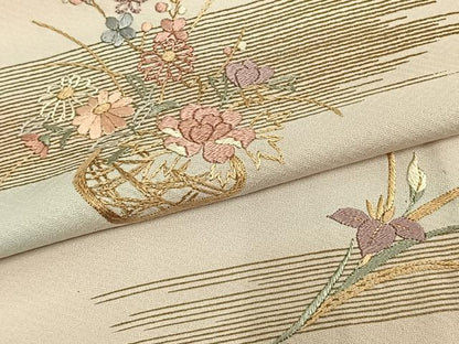 平和屋着物▽訪問着 単衣 刺繍 草花文 暈し染め 金糸 金彩 正絹 逸品 AAAW1246fy