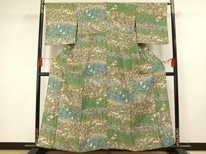 平和屋着物▽上質な小紋 単衣 友禅 花鳥文 正絹 逸品 AAAW1259fy