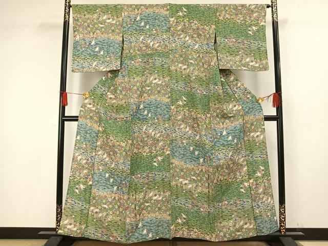 平和屋着物▽上質な小紋 単衣 友禅 花鳥文 正絹 逸品 AAAW1259fy