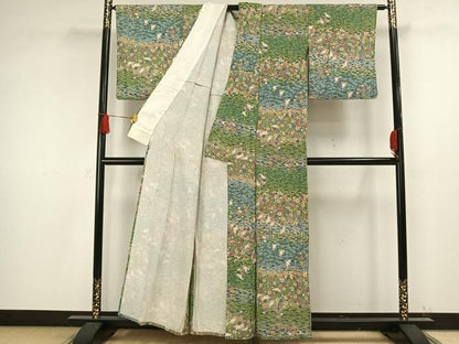 平和屋着物▽上質な小紋 単衣 友禅 花鳥文 正絹 逸品 AAAW1259fy