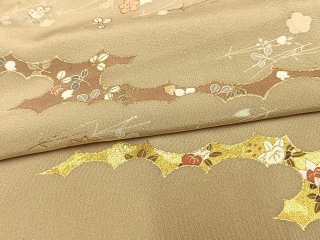 平和屋着物▽訪問着　単衣　駒刺繍　草花文　金彩　三越扱い　正絹　逸品　AAAW1260fy
