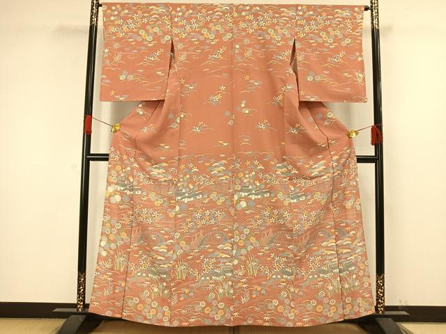 平和屋着物▽訪問着 単衣 風景草花文 正絹 逸品 AAAW1261fy