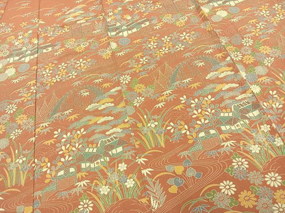 平和屋着物▽訪問着 単衣 風景草花文 正絹 逸品 AAAW1261fy