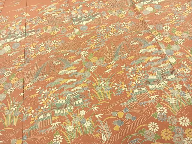 平和屋着物▽訪問着 単衣 風景草花文 正絹 逸品 AAAW1261fy