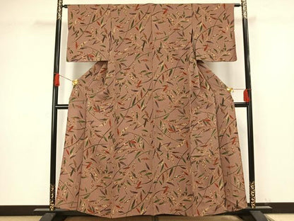 平和屋着物▽上質な小紋　単衣　型染め　枝葉文　鬼しぼ縮緬　正絹　逸品　AAAW1265fy
