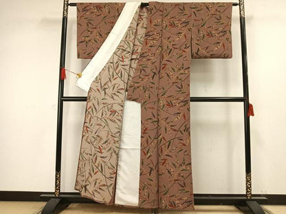 平和屋着物▽上質な小紋　単衣　型染め　枝葉文　鬼しぼ縮緬　正絹　逸品　AAAW1265fy
