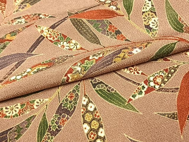 平和屋着物▽上質な小紋　単衣　型染め　枝葉文　鬼しぼ縮緬　正絹　逸品　AAAW1265fy