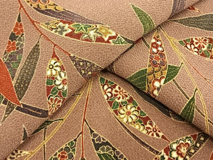 平和屋着物▽上質な小紋　単衣　型染め　枝葉文　鬼しぼ縮緬　正絹　逸品　AAAW1265fy