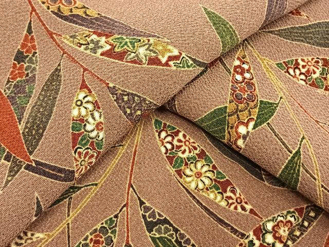 平和屋着物▽上質な小紋　単衣　型染め　枝葉文　鬼しぼ縮緬　正絹　逸品　AAAW1265fy